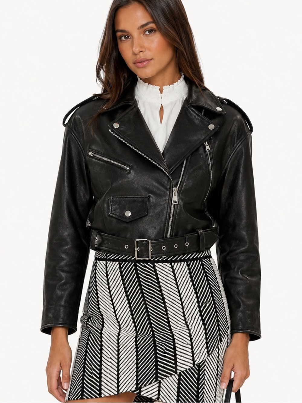 Maje Cropped Black Leather Belted Biker Jacket Size 36/4